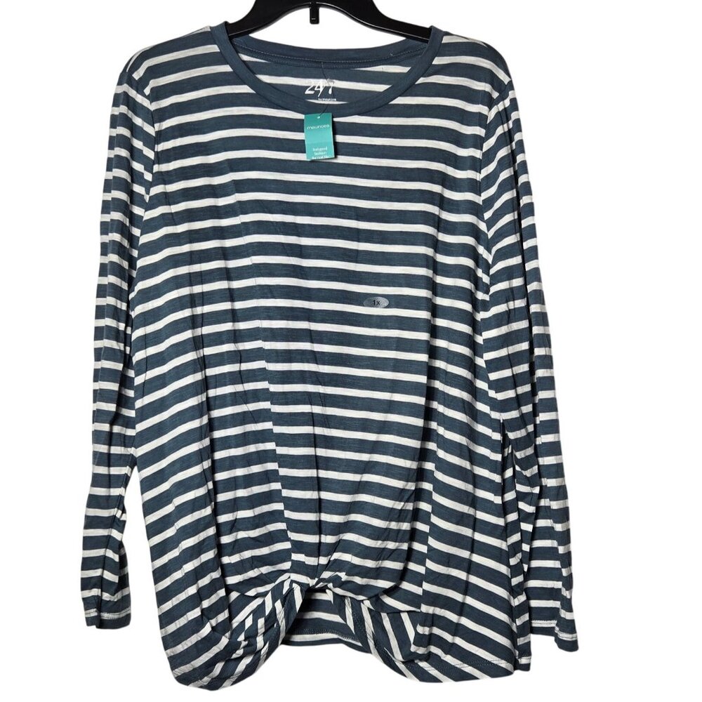 24/7 by Maurices Womens Blue Striped Long Sleeve Top Plus 1X Stretch NWT